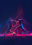 Fototapeta  - Abstract soccer player running with the soccer ball. Neon geometric soccer design with copy space.