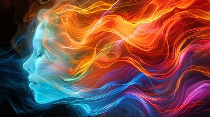 Poster - A woman's face is shown with a blue and orange hair. The hair is flowing and has a lot of movement. The image has a dreamy and surreal feel to it
