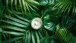 A luxurious cream sits amidst vibrant palm leaves