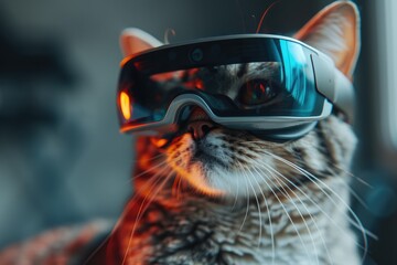 Felidae wearing VR headset in a living room, with Christmas ornament and collar