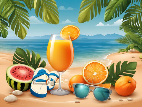 Hello summer text in seawater with tropical fruits, refreshments design, and beach elements like fresh orange juice, watermelon, flip-flops, sunglasses, and palm leaves in the sea 