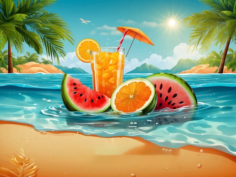 Hello summer text in seawater with tropical fruits, refreshments design, and beach elements like fresh orange juice, watermelon, flip-flops, sunglasses, and palm leaves in the sea 