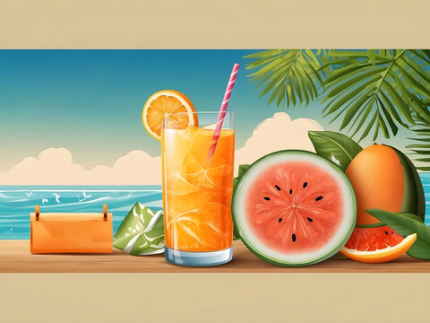 Hello summer text in seawater with tropical fruits, refreshments design, and beach elements like fresh orange juice, watermelon, flip-flops, sunglasses, and palm leaves in the sea 