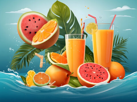 Hello summer text in seawater with tropical fruits, refreshments design, and beach elements like fresh orange juice, watermelon, flip-flops, sunglasses, and palm leaves in the sea 