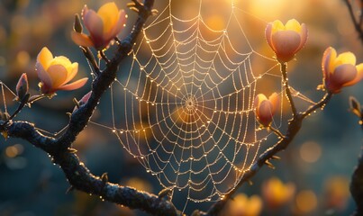 Close-up of a spider web woven on a tree branch.