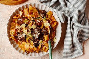 Wall Mural - Chicken liver pasta with parmesan  .top veiw