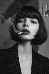 Black and white photo of a beautiful model with a black bob and bangs, in a pinstripe suit, smoking.