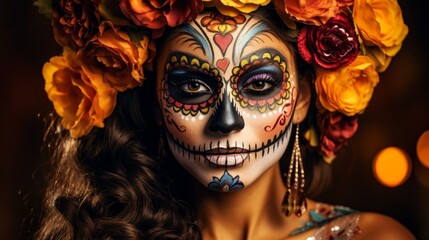 Wall Mural - Sugar skull makeup adorned with colorful flowers