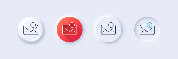Wall Mural - New Mail line icon. Neumorphic, Red gradient, 3d pin buttons. Add Message correspondence sign. E-mail symbol. Line icons. Neumorphic buttons with outline signs. Vector