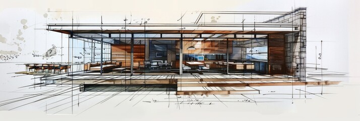 Wall Mural - A hand-drawn sketch of a house bursting with an abundance of windows, showcasing a creative and imaginative architectural design concept. Generative AI