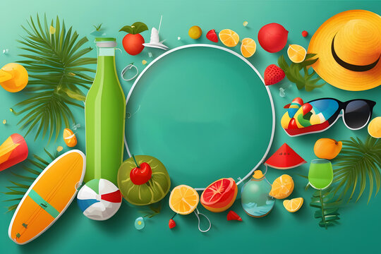 Hello summer vector banner design. Hello summer greeting in white circle for text with beach elements like beach ball, surfboard, hat, juice and sunglasses for summer vacation in green backgrounds.