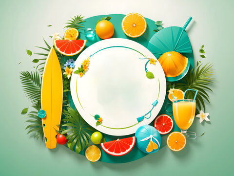 Hello summer vector banner design. Hello summer greeting in white circle for text with beach elements like beach ball, surfboard, hat, juice and sunglasses for summer vacation in green backgrounds.