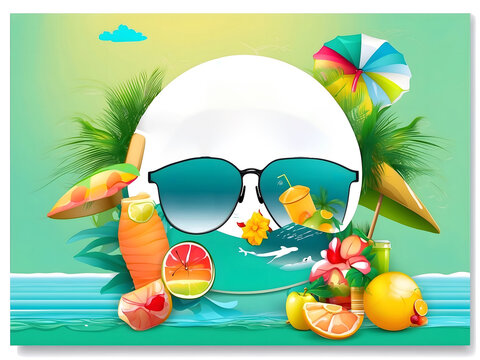Hello summer vector banner design. Hello summer greeting in white circle for text with beach elements like beach ball, surfboard, hat, juice and sunglasses for summer vacation in green backgrounds.