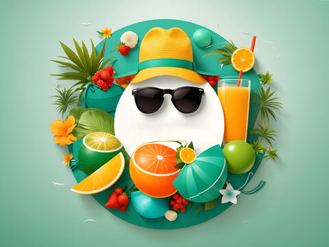 Hello summer vector banner design. Hello summer greeting in white circle for text with beach elements like beach ball, surfboard, hat, juice and sunglasses for summer vacation in green backgrounds.