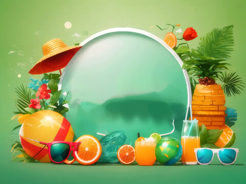 Hello summer vector banner design. Hello summer greeting in white circle for text with beach elements like beach ball, surfboard, hat, juice and sunglasses for summer vacation in green backgrounds.