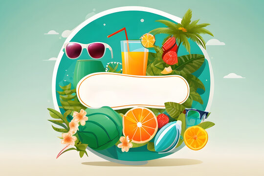 Hello summer vector banner design. Hello summer greeting in white circle for text with beach elements like beach ball, surfboard, hat, juice and sunglasses for summer vacation in green backgrounds.