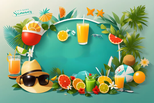 Hello summer vector banner design. Hello summer greeting in white circle for text with beach elements like beach ball, surfboard, hat, juice and sunglasses for summer vacation in green backgrounds.
