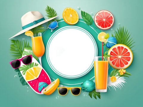 Hello summer vector banner design. Hello summer greeting in white circle for text with beach elements like beach ball, surfboard, hat, juice and sunglasses for summer vacation in green backgrounds.