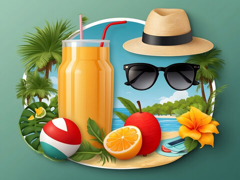 Hello summer vector banner design. Hello summer greeting in white circle for text with beach elements like beach ball, surfboard, hat, juice and sunglasses for summer vacation in green backgrounds.