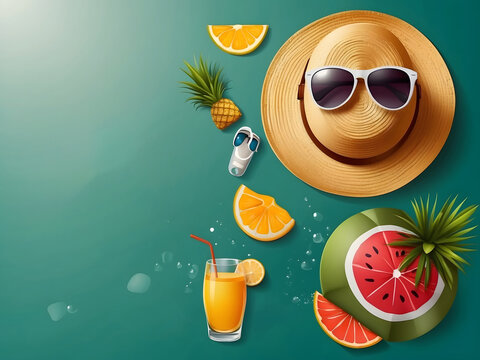 Hello summer vector banner design. Hello summer greeting in white circle for text with beach elements like beach ball, surfboard, hat, juice and sunglasses for summer vacation in green backgrounds.