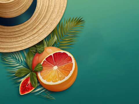 Hello summer vector banner design. Hello summer greeting in white circle for text with beach elements like beach ball, surfboard, hat, juice and sunglasses for summer vacation in green backgrounds.