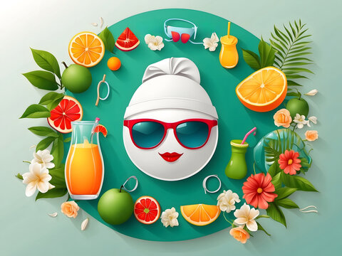 Hello summer vector banner design. Hello summer greeting in white circle for text with beach elements like beach ball, surfboard, hat, juice and sunglasses for summer vacation in green backgrounds.