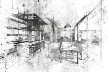 Aufkleber - A detailed black and white drawing of a modern kitchen, featuring sleek countertops, a stylish fridge, and a cozy breakfast nook. Generative AI