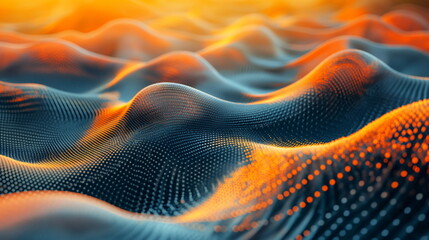Abstract orange and blue wave pattern with digital particles. Vibrant design, modern art, and dynamic motion. Gradient background with flowing waves