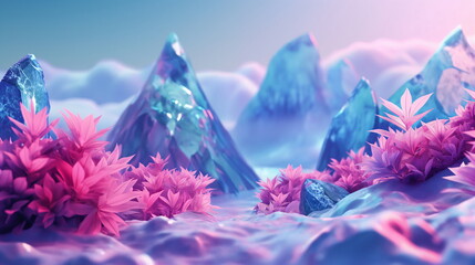 surreal pink and blue mountain landscape with crystal formations. peaks rise dramatically against a 