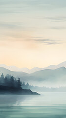 Wall Mural - sunrise over the sea gradient light hues and watercolor mountains with trees forest phone wallpaper background