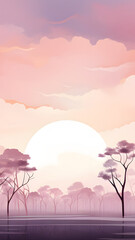 Wall Mural - sunset in the mountains yellow light colors with sun and orange trees with gradient sky phone wallpaper background