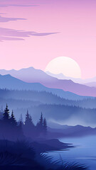Wall Mural - sunrise in the mountains vector silhouette design phone wallpaper background gradient pastel purple scene