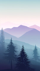 Wall Mural - sunrise over the mountains vector silhouette phone wallpaper background with forest trees gradient