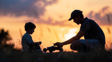 Wall Mural - Father and son silhouette playing with a remote-control car