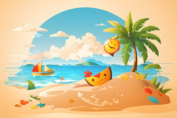 Leinwandbilder - Hello, summer vector design! Summer text with sun character smiling on beach sand island. Vector illustration of a tropical season background design.