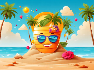 Leinwandbilder - Hello, summer vector design! Summer text with sun character smiling on beach sand island. Vector illustration of a tropical season background design.