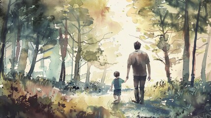 Wall Mural - A father and child enjoying a nature hike together in the forest