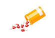 Pills spilling out of pill bottle. Vector cartoon flat illustration of open container for medication. 
