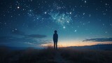 Fototapeta Tulipany - Man Standing on Hill Under Starry Night Sky