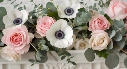 Wall Mural - Elegant Wedding Flower Arrangements Featuring Pink Roses, White Anemones, and Eucalyptus Leaves. Concept Wedding Flowers, Pink Roses, White Anemones, Eucalyptus Leaves, Elegant Arrangements