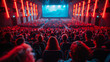 cinema crowd in front of a bright stage with red lights