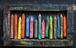 Colorful chalk pieces arranged at the bottom of a used blackboard.