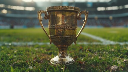 golden champions award cup in soccer stadium with excited audience cheering for the winning team