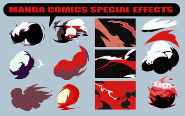 Poster - Big set of manga visual vector cartoon effects of smoke and fire blast in red and black colors. Perfect for animation design, illustration, carton, anime, CG game art, tactical design, etc.