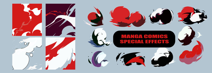 Poster - Big set of manga visual vector cartoon effects of smoke and dust clouds. Perfect for animation design, anime CG game art, tactical design, etc.