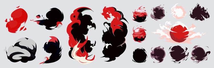 Poster - Big set of manga visual vector cartoon effects of smoke and fire blast in red and black colors. Perfect for animation design, illustration, carton, anime, CG game art, tactical design, etc.
