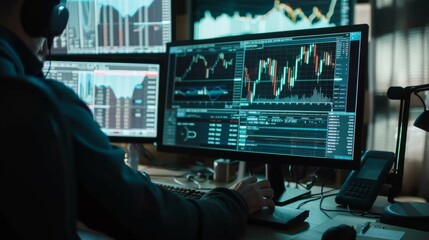 Wall Mural - A man is sitting in front of two computer monitors