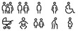 People line icon set. Family, couple, man, woman, wheelchair, stroller, baby, children, elderly person, pregnant outline signs. Editable stroke. Vector graphics