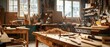 © Creative_Bringer - A woodworking workshop with handcrafted furniture in progress wood shavings