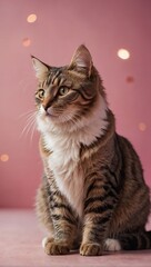 Wall Mural - Captivating Banner, Friendly Cat Posing on Lively Pink Background